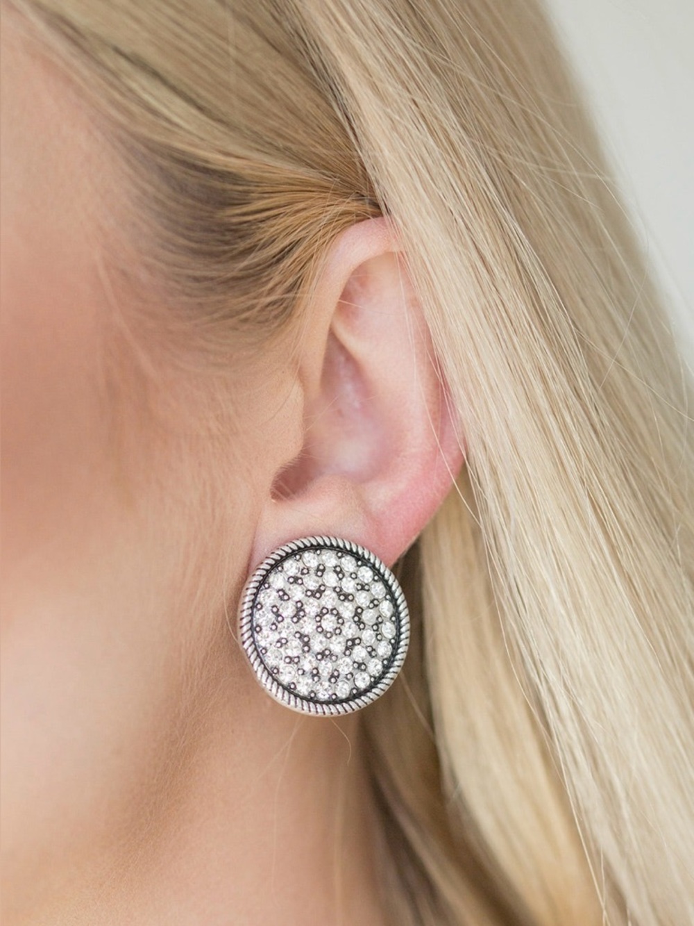 Paparazzi White Rhinestone Round Clip On Earrings Silver Tone
